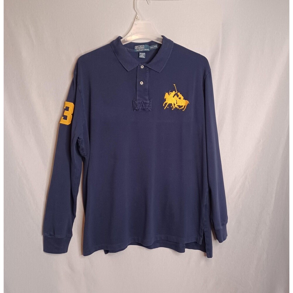Polo By Ralph Lauren Polo Shirt Mens 2XL Blue Long Sleeve Rugby Big Pony 3 Logo